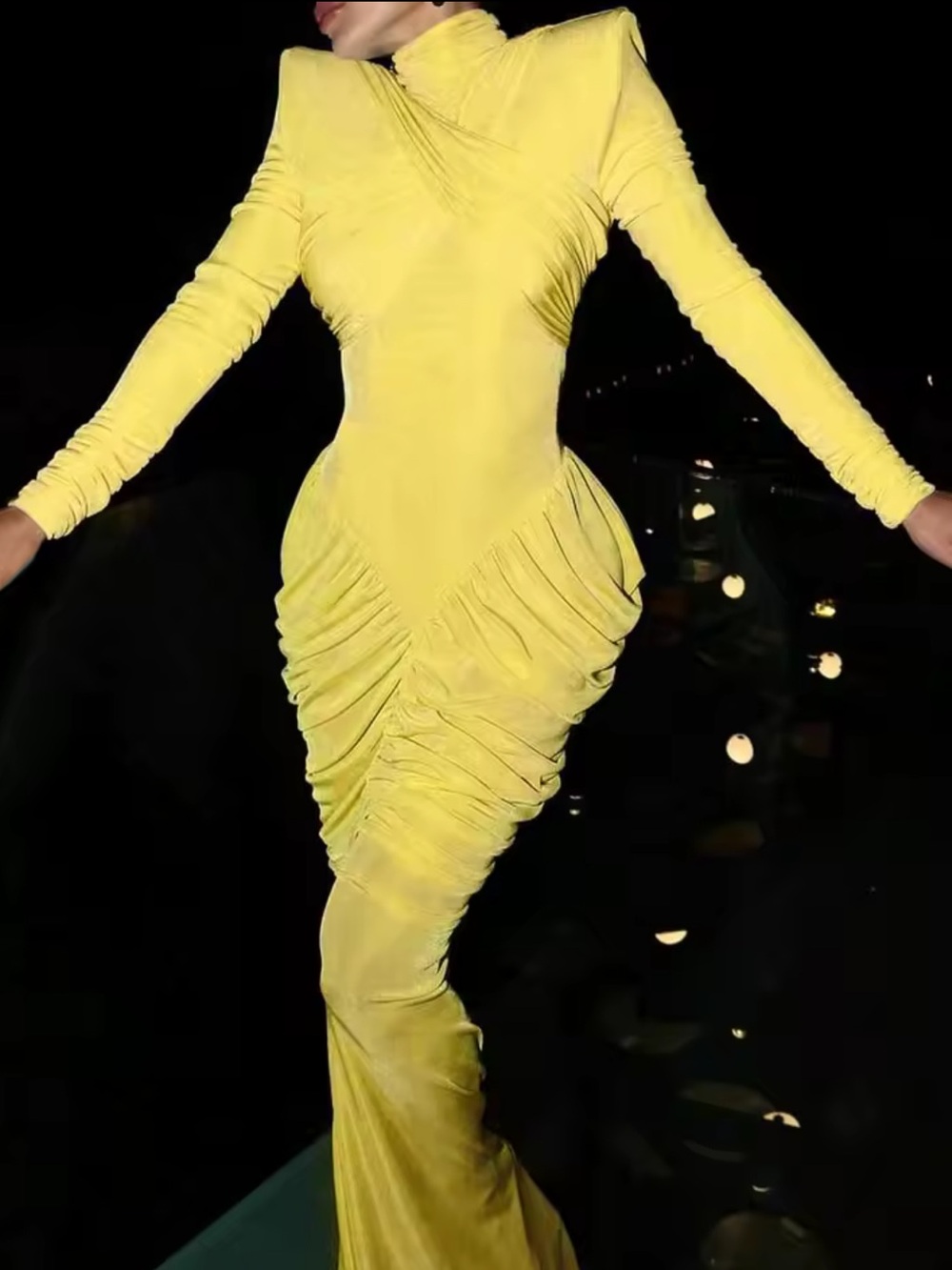 Yellow Ruched Long-Sleeve Maxi Dress
